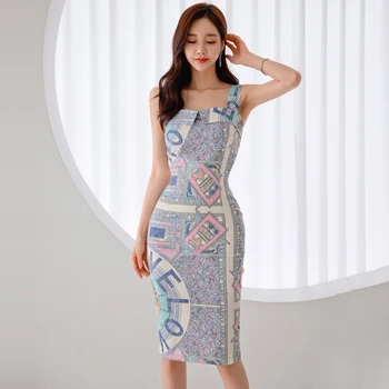2023 Летнее Новое облегающее платье-карандаш в корейском стиле с модным принтом, платья с разрезом на бедрах для женщин