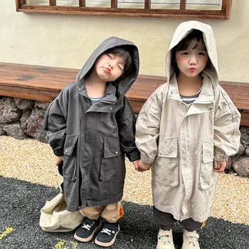 deer jonmi 2023/ Весенние детские длинные куртки с капюшоном в корейском стиле, свободная повседневная ветровка, однотонные детские пальто