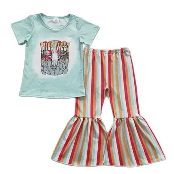 GSPO0657, Оптовая продажа детской одежды, одежда для девочек, корова, кактус, короткий рукав, разноцветные полосатые расклешенные брюки, повседневные удобные