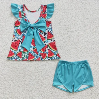 GSSO0137 Летний комплект шорт с развевающимися рукавами для маленьких девочек арбузно-голубого цвета, милые и очаровательные наряды из бутика