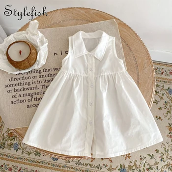 Ins Корейская детская юбка, летнее белое детское платье из 0-4 лет, 100% хлопок, платье для девочек без рукавов, кукольный воротник без рукавов