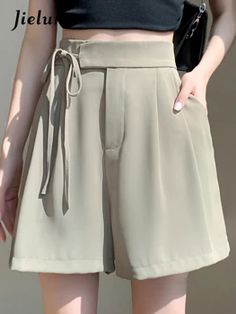 Jielur, однотонные летние шорты с высокой талией, простые офисные женские прямые повседневные свободные женские шорты для костюмов, модная уличная одежда