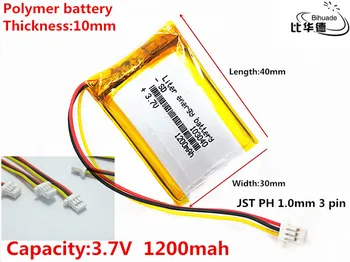 JST PH 1,0 мм 3-контактный литровый энергетический аккумулятор 3,7 В, 1200 мАч 103040 Полимерный литий-ионный аккумулятор для планшетных ПК, GPS, mp3, mp4