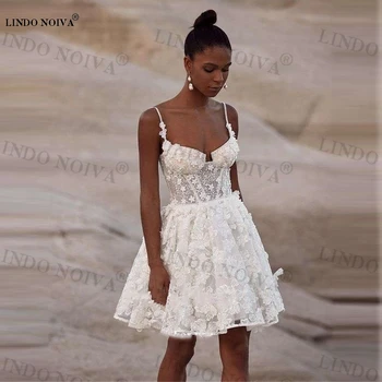 LINDO NOIVA 2023, сексуальные короткие блестящие свадебные платья на бретельках с 3D цветами, кружевные свадебные вечерние платья в виде сердца