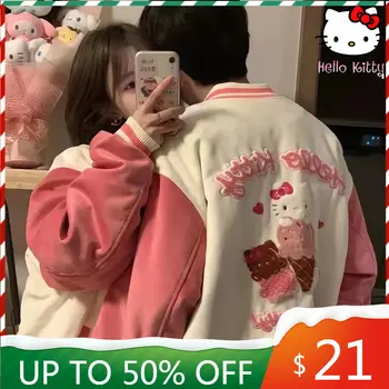 Sanrio Hello Kitty, пальто с вышивкой Kawaii, осенняя плюшевая куртка из бархатной ткани, аниме Мультфильм Y2k Sweet Tops, женская бейсбольная куртка