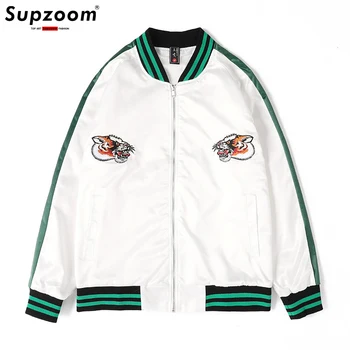 Supzoom Новое поступление, Модные Куртки с вышивкой Тигра, Мужская осенняя бейсбольная форма, мужская куртка-бомбер на молнии с коротким ребристым рукавом
