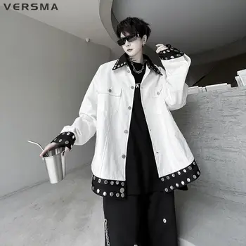 VERSMA Корейское шикарное мужское пальто на двойной молнии черного цвета Оверсайз, американская винтажная куртка-бомбер в стиле колледжа с заклепками, прямая поставка