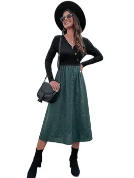 Xylocarp QLD081 2023 Весеннее новое модное женское платье из двух частей в стиле пэчворк с волнистыми пуговицами в горошек
