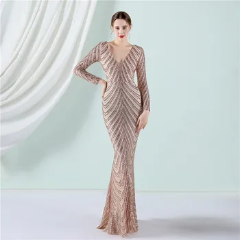 YIDINGZS Стрейчевое платье Макси с блестками, длинный рукав, V-образный вырез, вечернее платье в полоску 
