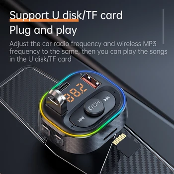 Автомобильный Bluetooth 5,0 FM-передатчик MP3 Mucis приемник плеер красочная атмосфера светодиодный свет QC3.0 быстрое зарядное устройство PD зарядка