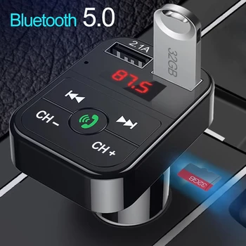 Автомобильный Bluetooth 5.0 FM-передатчик, Беспроводной аудиоприемник громкой связи, Автоматический MP3-плеер, быстрое зарядное устройство с двумя USB-портами 2.1A, автомобильные аксессуары