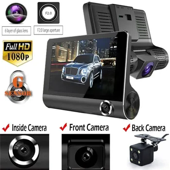Автомобильный видеорегистратор с объективом 3 камеры, 4,0-дюймовая IPS-камера, двойной объектив с камерой заднего вида, Видеомагнитофон, Авторегистратор, видеорегистраторы ночного видения