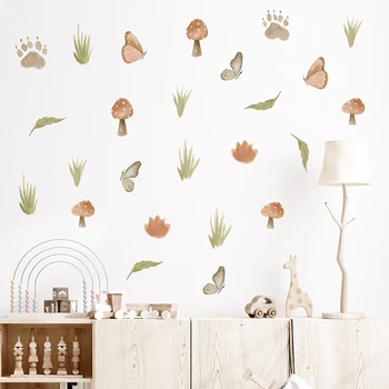 Акварельные наклейки на стены с травой Грибами бабочками и цветами в стиле бохо для детской комнаты для девочек Декор детской комнаты DIY Винил