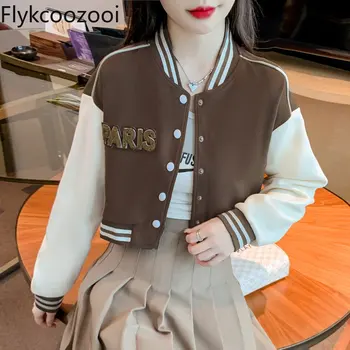 Бейсбольные куртки Flykcoozooi, женская весенняя куртка в полоску с длинным рукавом и воротником-стойкой, короткие пальто для хай-стрит, шикарные женские топы