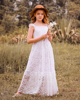 Белое кружевное платье принцессы для девочек в богемном стиле, длинные платья для свадебной вечеринки для девочек в цветочек, элегантная одежда для детей и подростков