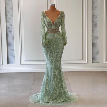 Блестящее мятно-зеленое вечернее платье русалки Sharon Said 2023, Элегантные вечерние платья с V-образным вырезом и длинными рукавами, роскошные вечерние платья для выпускного вечера для женщин RM033