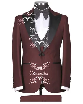 Бордовый полный мужской костюм для свадьбы, сшитый на заказ женихом, Мужской приталенный блейзер для выпускного вечера, брюки, повседневная одежда из 3 предметов, куртка, брюки, жилет