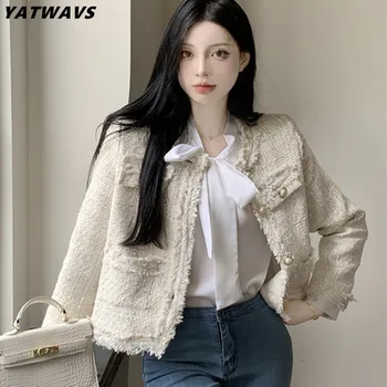 Весенне-осенняя Корейская женская одежда, Однобортное твидовое шерстяное пальто с круглым вырезом, Элегантная роскошная женская куртка с кисточками, верхняя одежда