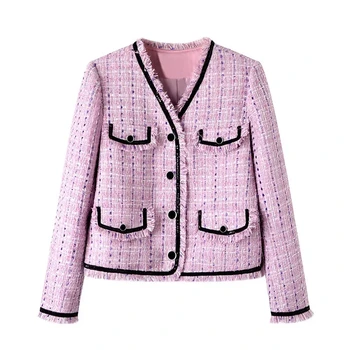 Весна 2023, новая винтажная мода, темперамент пригородных пассажиров, фиолетовое пальто с V-образным вырезом, женские куртки