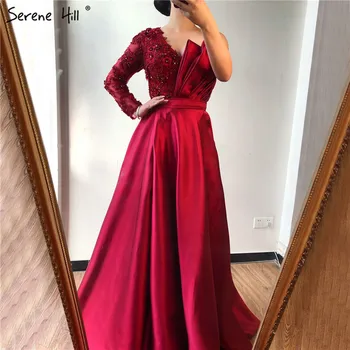 Винно-красное сексуальное вечернее платье Mikado на одно плечо 2023, вечернее платье трапециевидной формы с цветами ручной работы, расшитое бисером, Serene Hill LA70325