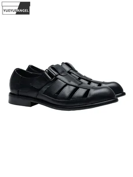 Винтажные деловые мужские летние дышащие открытые сандалии на низком каблуке с закрытым носком из натуральной кожи Гладиаторские туфли Римские пляжные сандалии
