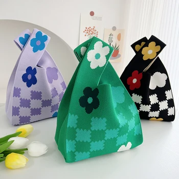Вязаная сумочка с геометрическим цветком, женская Корейская повседневная клетчатая сумка на запястье, складная Эко-сумка для покупок, Многоразовая сумка для хранения продуктов