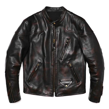 Двухцветная куртка из конской кожи в винтажном стиле Same Venom, мужское тонкое высококачественное пальто из натуральной кожи, Роскошная мотоциклетная байкерская одежда