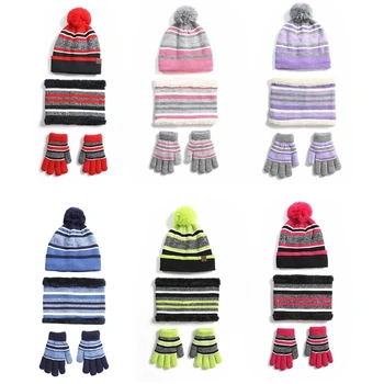Детская Зимняя вязаная шапка-бини, шарф, Перчатки, комплект из 3 предметов, контрастного цвета, в полоску, с помпоном на толстой плюшевой подкладке, с черепом на шее,