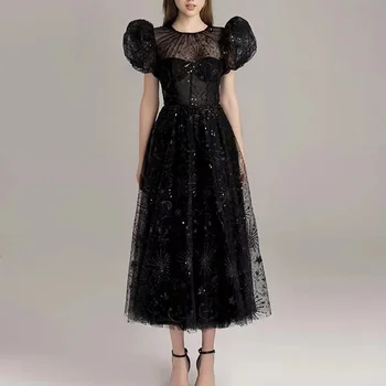 Дизайнерское модное летнее вечернее платье с сеткой и пайетками 2023 Роскошное женское платье с круглым вырезом и пышными рукавами Черное Платье Миди с высокой талией