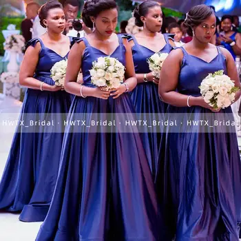 Длинные платья подружек невесты из королевского синего атласа для женщин, Трапециевидное платье на тонких бретельках, платье подружки невесты большого размера, свадебная вечеринка