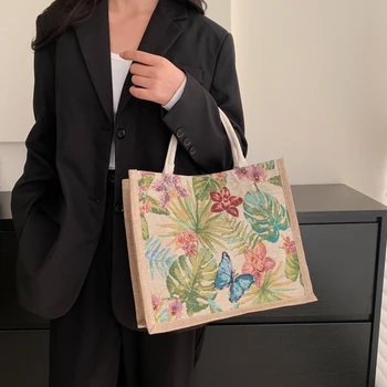 Женская льняная сумка-тоут с цветочным принтом, пляжные сумки большой емкости, женская повседневная женская сумка через плечо, Эко-сумка для покупок с верхней ручкой