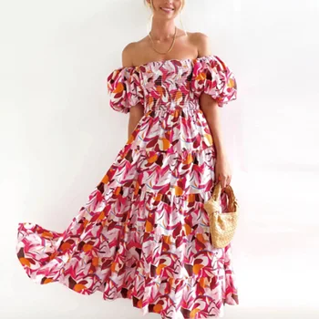 Женская одежда, Богемное платье с цветочным принтом, сексуальное Длинное платье с вырезом лодочкой и высокой талией, плиссированное платье для летних праздников 2023, праздничное платье Vestido