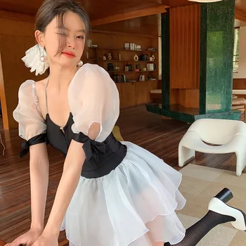 Женское Корейско-Французское платье-фея 2022 года, юбка в стиле ретро с коротким рукавом, закрывающая живот, сексуальный цельный купальник Pure Desire