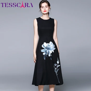 Женское летнее Элегантное платье с цветочным рисунком TESSCARA, Высококачественное Винтажное платье трапециевидной формы, Женское платье без рукавов, Дизайнерское Черное платье, Vestidos
