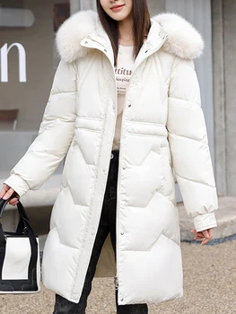 Женское утолщенное длинное хлопковое пальто на молнии с капюшоном, осень-зима, Новая модная женская куртка с меховым воротником