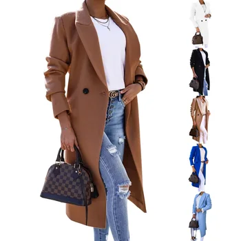 Женское шерстяное пальто, зимнее, с V-образным вырезом, на одной пуговице, однотонное, свободные женские пальто с длинным рукавом, прямая поставка, DGBYJ99282