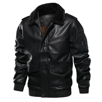 Зимняя куртка из искусственной кожи, мужская куртка-бомбер, кожаная куртка военного пилота, повседневное пальто, мотоциклетная куртка с меховым воротником, размер США/евро