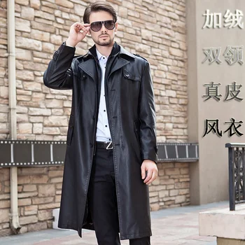 Зимняя новая мужская ветровка, модный тренч, мужские длинные кожаные куртки со съемным двойным воротником 2022, мужское пальто из овчины