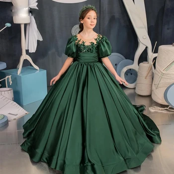 Изумрудно-зеленое платье для девочек на день рождения, детское праздничное платье для выпускного вечера, платье для маленькой принцессы на День рождения со шлейфом