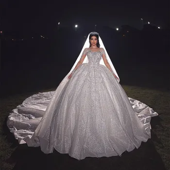 Изысканные бальные свадебные платья с длинными рукавами и V-образным вырезом, блестками, оборками, 3D кружевом, расшитым бисером, бриллиантами, свадебными платьями Vestina De Novia