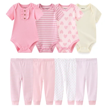 Комплект одежды для маленьких девочек, 4шт Боди + брюки, комплекты для младенцев, Летняя одежда для мальчиков, хлопковые весенние комбинезоны для новорожденных малышей