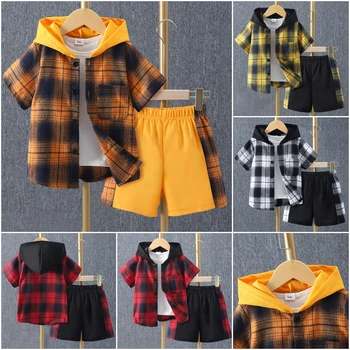 Комплекты детской одежды Одежда для мальчиков Рубашка с капюшоном с коротким рукавом + короткий Детский костюм из 2 предметов Хлопчатобумажный Летний костюм для мальчика