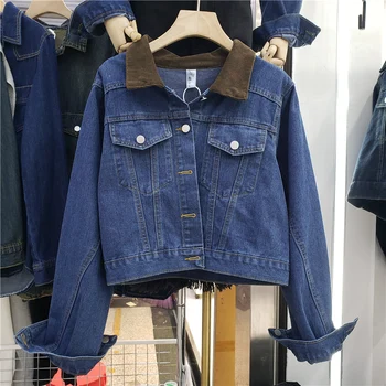 Короткая джинсовая куртка Harajuku винтажного контрастного цвета с отстрочкой лацканов, синяя, темно-синяя, повседневная весенняя женская джинсовая куртка с длинным рукавом