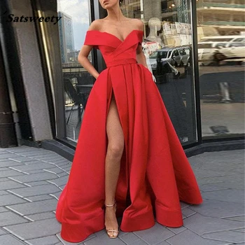 Красные платья для выпускного вечера С Открытыми плечами, Длинным Платьем для выпускного вечера с Высоким разрезом и карманами, vestidos de fiesta largos elegantes de gala