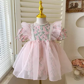 Летнее платье с цветочным рисунком для девочек 2023, детские платья трапециевидной формы с кружевной сеткой и оборками