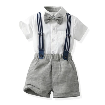 Летний комплект одежды для маленьких мальчиков, рубашка с коротким рукавом, топы + шорты на подтяжках, повседневная одежда для новорожденных мальчиков, Пасхальная одежда