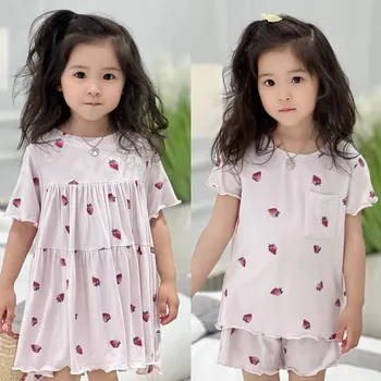 Летняя домашняя одежда для девочек, Милая Пижама с короткими рукавами и принтом Клубники, мягкая одежда для маленьких девочек, детские Пижамы