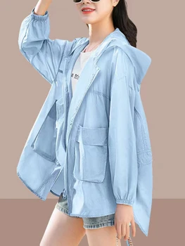 Летняя Короткая Корейская версия 2023 Fashion Wild Ladies Солнцезащитная куртка с капюшоном Slim Fit Тонкие Женские топы Rush Front Clothes