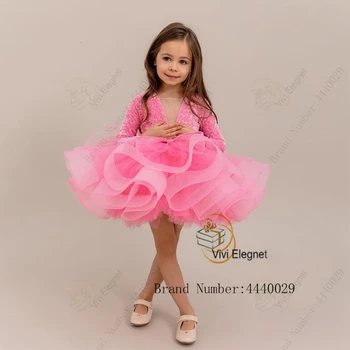 Милые детские розовые платья с цветочным узором для девочек 2023, Летние платья для свадебной вечеринки с V-образным вырезом, с блестками, с длинными рукавами, многоуровневые