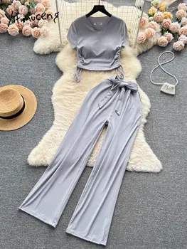 Модные комплекты Yitimuceng из двух предметов, женские облегающие однотонные футболки с короткими рукавами на завязках, бандаж с высокой талией, широкие брюки